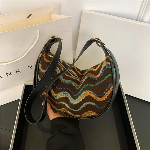 Womens Knit Woven Hobo Shoulder Bag Fashion Striped Dumpling Crescent Crossbody Bag Casual Daily Purse Handbag