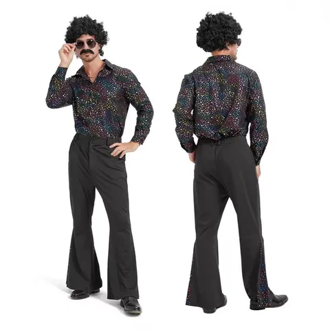 Costume da Festa Disco Vintage Stampato Stellato Camicia Manica Lunga Pantaloni a Zampa Set da Spettacolo Teatrale Hippie