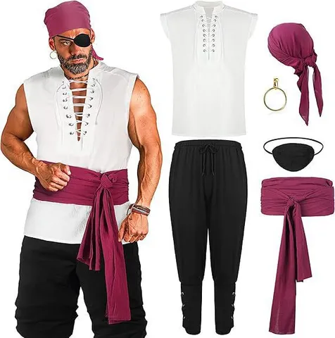 Hommes Renaissance Médiéval Pirate Costume Ensemble Vintage Chemise à Lacets Et Pantalon à Cordon Halloween Fête Cosplay Tenue