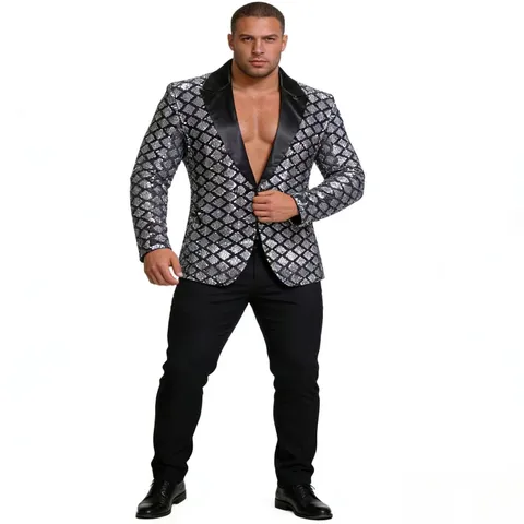 Men European Size Peak Lapel Sequin Blazer Diamond Pattern Suit Jacket Top For Stage Party Banquet Wedding Hosting Performance