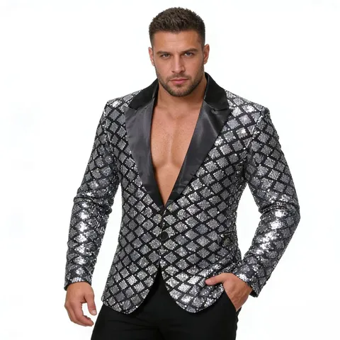 Men's Sequined Peak Lapel Suit Jacket Single Button Blazer Stage Performance Party Banquet Formal Outerwear