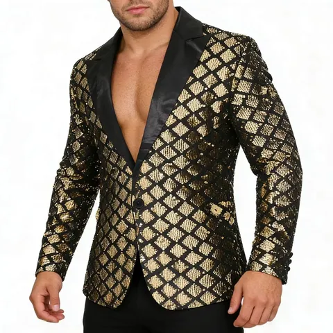 Men's Sequined Peak Lapel Suit Jacket Single Button Blazer Stage Performance Party Banquet Formal Outerwear