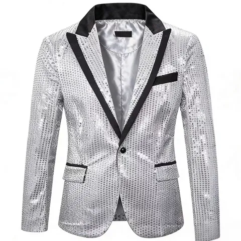Men Sequin Blazer Shiny Disco Suit Jacket Single Breasted One Button Lapel Party Performance Outerwear
