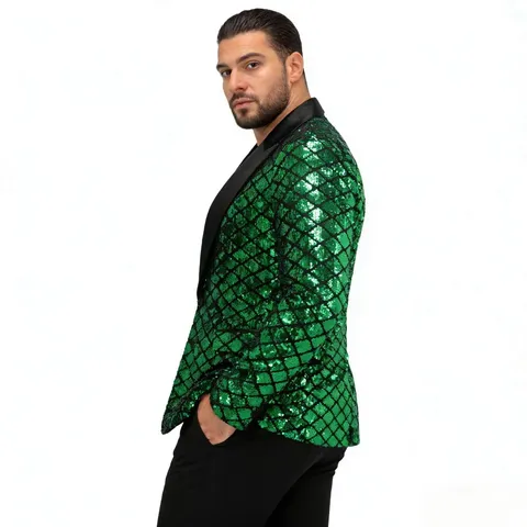 Men European Size Peak Lapel Sequin Blazer Diamond Pattern Suit Jacket Top For Stage Party Banquet Wedding Hosting Performance