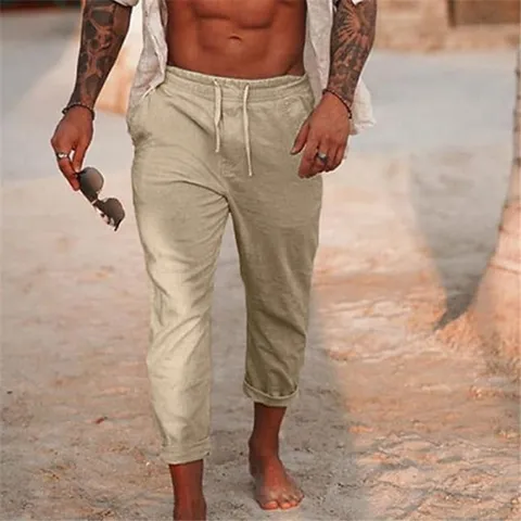 Men's Casual Cotton Drawstring Loose Beach Pants Summer Solid Color Straight Long Trousers Outdoor Comfort Apparel