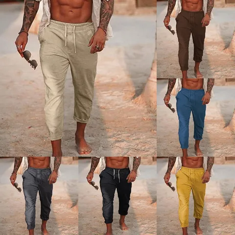 Men's Casual Cotton Drawstring Loose Beach Pants Summer Solid Color Straight Long Trousers Outdoor Comfort Apparel