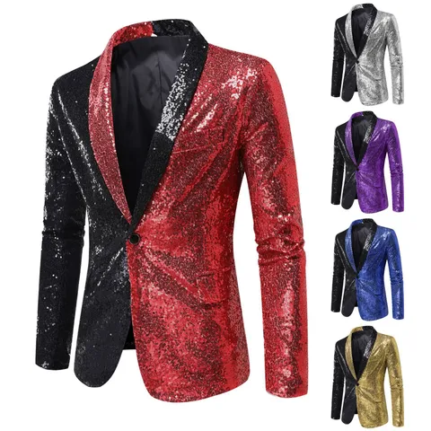Men's Fashion Sequin Patchwork Blazer Slim Fit One Button Party Wedding Performance Hosting Suit Jacket Outerwear For Men