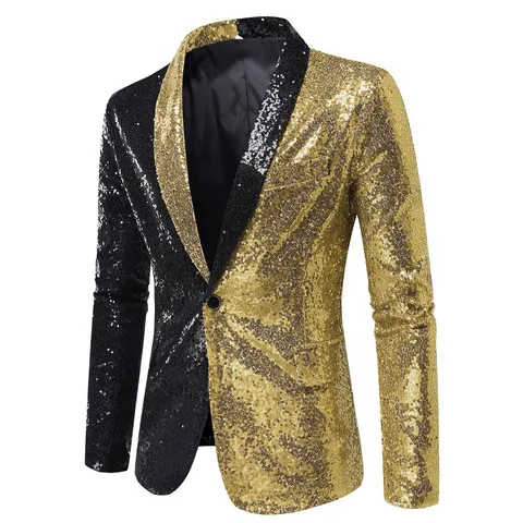 Men's Fashion Sequin Patchwork Blazer Slim Fit One Button Party Wedding Performance Hosting Suit Jacket Outerwear For Men