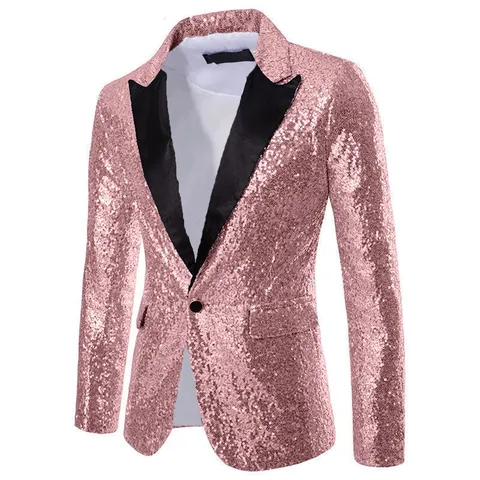 Men's Sequinned Suit Jacket Slim Fit Notch Lapel One Button Blazer For Stage Performance Nightclub Party Host Outerwear