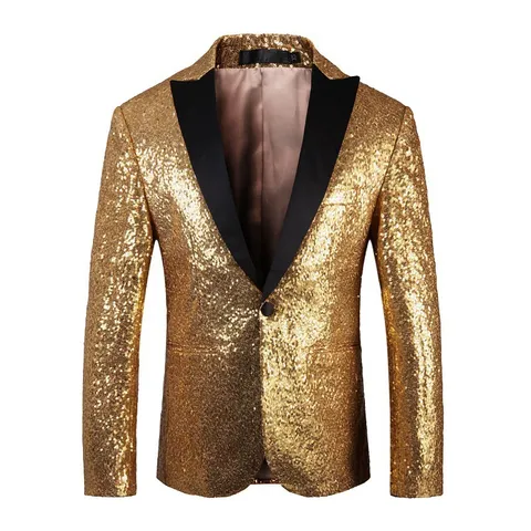 Men Sequin Blazer Shiny Glitter Stage Performance Suit Jacket Long Sleeve Lapel Single Breasted Party Tuxedo Outerwear