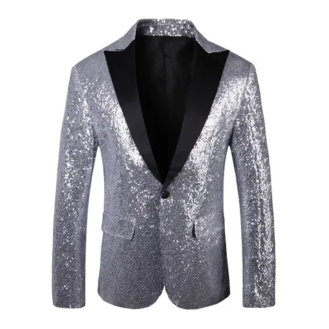Men Sequin Blazer Shiny Glitter Stage Performance Suit Jacket Long Sleeve Lapel Single Breasted Party Tuxedo Outerwear
