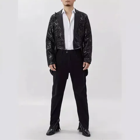 Men Sequined Tailcoat Tuxedo Jacket Sparkling Stage Performance Suit Outerwear For Nightclub Party Host Chorus