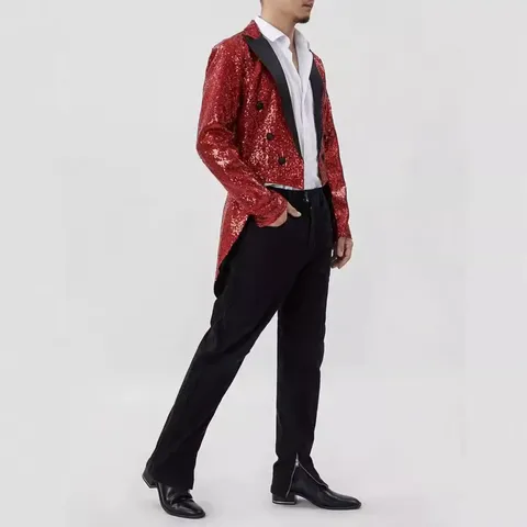 Men Sequined Tailcoat Tuxedo Jacket Sparkling Stage Performance Suit Outerwear For Nightclub Party Host Chorus