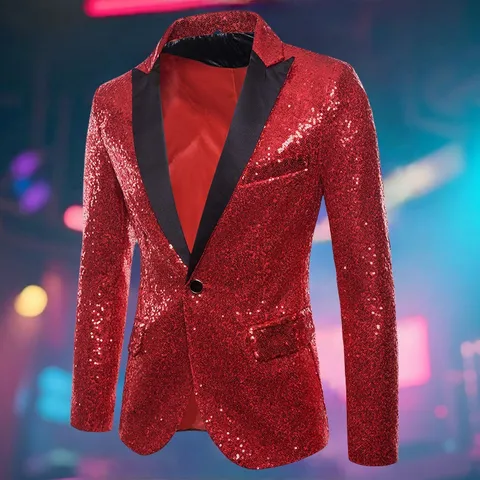 Men's Sequined Suit Jacket Single Button Lapel Casual Blazer For Party Nightclub Stage Performance Formal Suit Outerwear