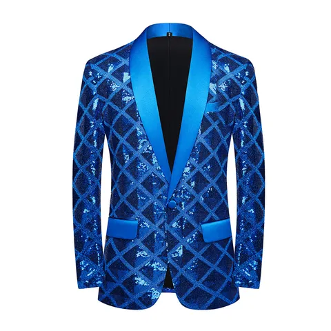 Men's Fashion Sequin Suit Jacket Glitter Shiny Geometric Block Pattern Single Button Shawl Lapel Party Stage Blazer