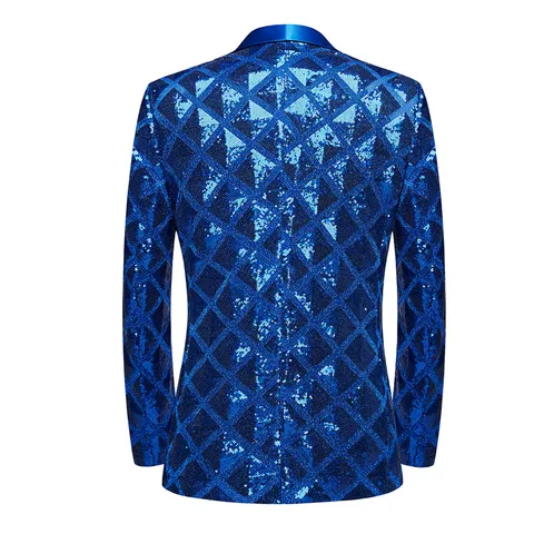 Men's Fashion Sequin Suit Jacket Glitter Shiny Geometric Block Pattern Single Button Shawl Lapel Party Stage Blazer