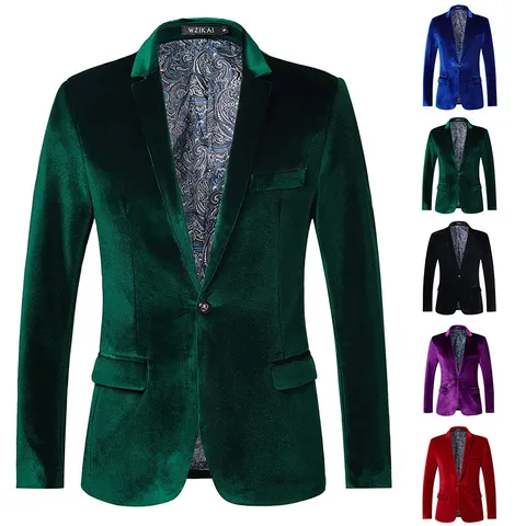 Men's British Style Velvet Suit Jacket Slim Fit Single Breasted Notch Lapel Casual Blazer For Wedding Party