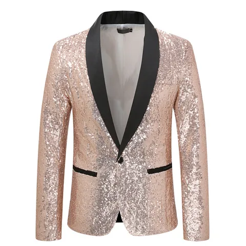 Men's Sequin Suit Jacket Casual Long Sleeve Single Button Shawl Lapel Party Stage Performance Blazer Outerwear