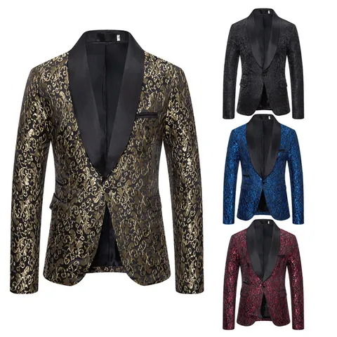Men's Autumn Winter Fashion Jacquard Suit Jacket Shawl Collar Single Button Casual Blazer Business Outerwear