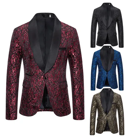 Men's Autumn Winter Fashion Jacquard Suit Jacket Shawl Collar Single Button Casual Blazer Business Outerwear
