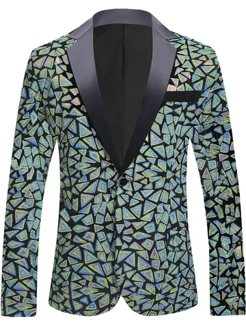 Blazer con Paillettes da Uomo Giacca da Abito da Festa con Patchwork Geometrico Manica Lunga Revers Un Bottone Capospalla da Palco