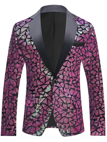 Blazer con Paillettes da Uomo Giacca da Abito da Festa con Patchwork Geometrico Manica Lunga Revers Un Bottone Capospalla da Palco