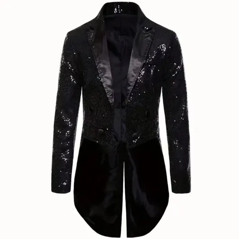 Men's Sequined Tuxedo Tailcoat Stage Performance Party Blazer Jacket Polyester Black Lapel