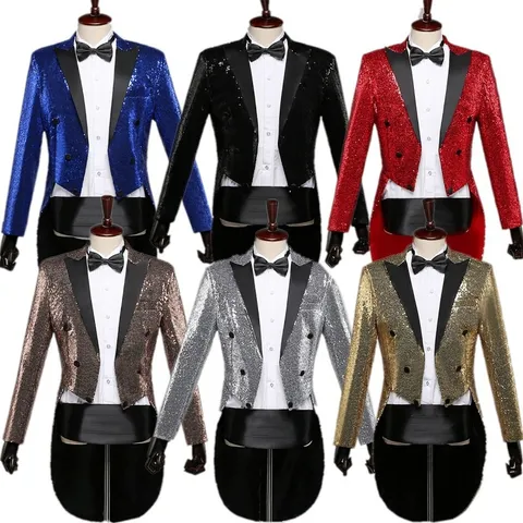 Men's Sequined Tuxedo Suit Jacket Slim Fit Peak Lapel Single Button Long Sleeve Blazer For Stage Performance Party
