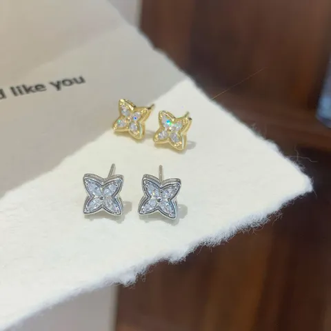 Vintage Quadrat Klee Strass Ohrstecker Mit 925 Sterlingsilber Ohrstecker-Stift Kupfer Galvanisiert Eingelegt Funkelnde Kleine Geometrische Blume Ohrringe Für Damen Schmuck Geschenk