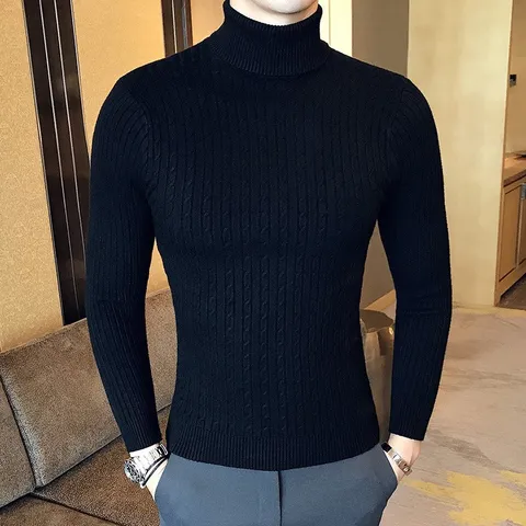 Men's Autumn Winter Turtleneck Cable Knit Sweater Slim Fit Casual Long Sleeve Pullover Thermal Cotton Blend Knitwear