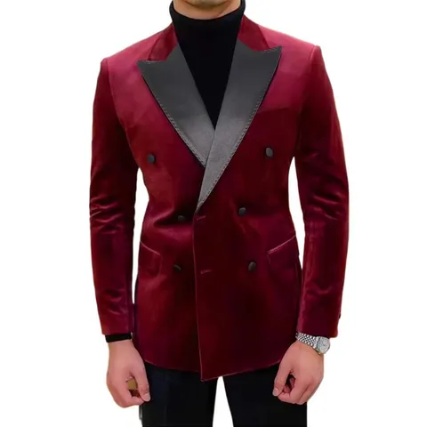 Chaqueta de Traje de Terciopelo Casual para Hombre Corte Ajustado Blazer de Doble Pecho Manga Larga Negocios Boda Fiesta
