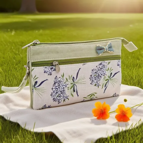 Donne Stampa Floreale Cotone Borsetta da Polso Carino Fiocco Cerniera Multistrato Clutch Casual Borsa per Cellulare Borsetta