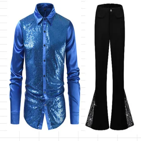 Men's Stylish Sequins Nightclub Stage Performance Outfit Long Sleeve Shirt And Flare Pants Set Polyester