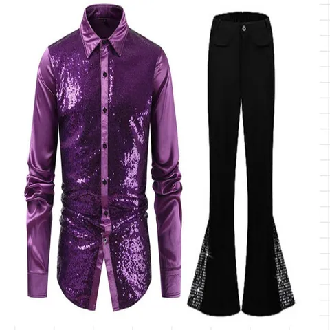 Men's Stylish Sequins Nightclub Stage Performance Outfit Long Sleeve Shirt And Flare Pants Set Polyester