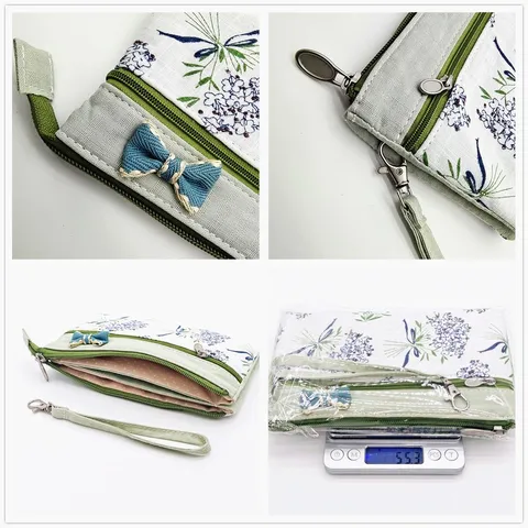 Donne Stampa Floreale Cotone Borsetta da Polso Carino Fiocco Cerniera Multistrato Clutch Casual Borsa per Cellulare Borsetta