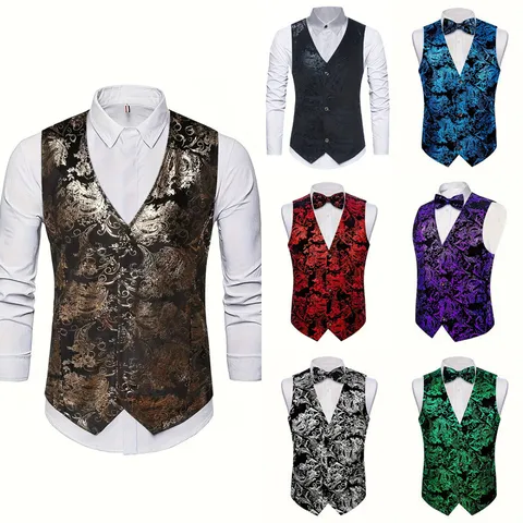 Men's Slim Fit Suit Vest Formal Business Casual V Neck Single Breasted Bronzing Floral Waistcoat For Wedding Party