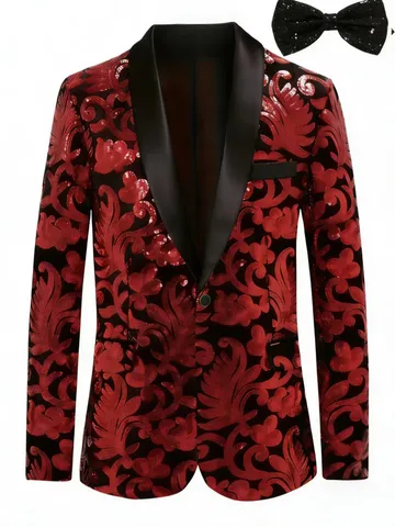 Men's Velvet Sequin Shawl Lapel Blazer Jacket Floral Print Single Button Suit Outerwear For Stage Performance Party Nightclub