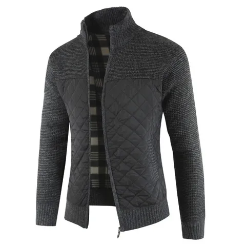 Men's Casual Color Block Knitted Cardigan Stand Collar Long Sleeve Full Zip Thermal Sweater Slim Fit Outerwear