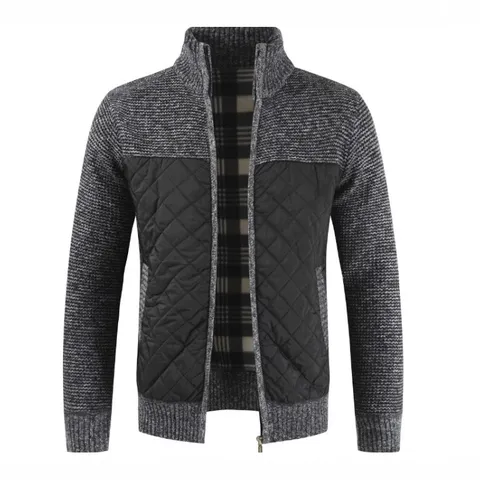 Men's Casual Color Block Knitted Cardigan Stand Collar Long Sleeve Full Zip Thermal Sweater Slim Fit Outerwear