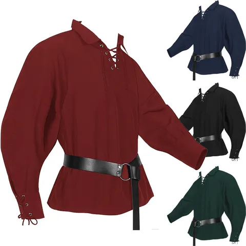 Herren Mittelalter Renaissance Piraten Hemd Vintage Ritter Schnürung Halloween Cosplay Top Langarm Locker Aufführung Kostüm Hemd