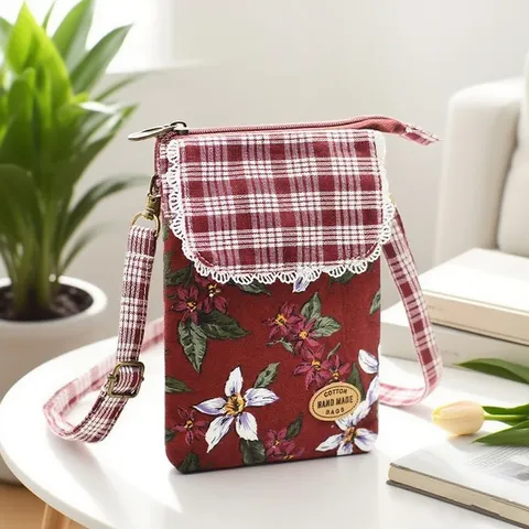 Donna Cotone Tessuto Tracolla Borsa Cellulare Multistrato Piccola Borsa a Spalla Casual Stampa Floreale Messenger Bag