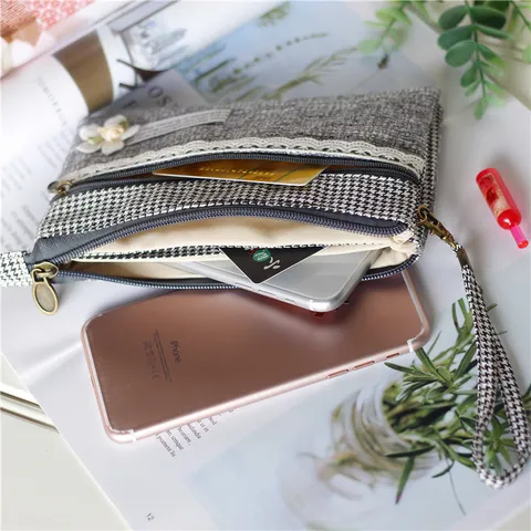 Γυναικείο Casual Μονόχρωμο Λινό Τσαντάκι Clutch Πολλαπλών στρώσεων με Φερμουάρ Patchwork Δαντέλα Τσάντα Χειρός