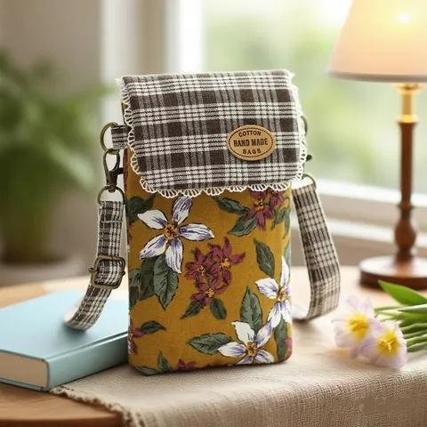 Sac Bandoulière 3 Couches en Coton Imprimé Floral Pochette Téléphone Portable Décontractée pour Femme Étudiante