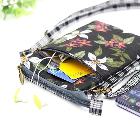 Donna Cotone Tessuto Tracolla Borsa Cellulare Multistrato Piccola Borsa a Spalla Casual Stampa Floreale Messenger Bag