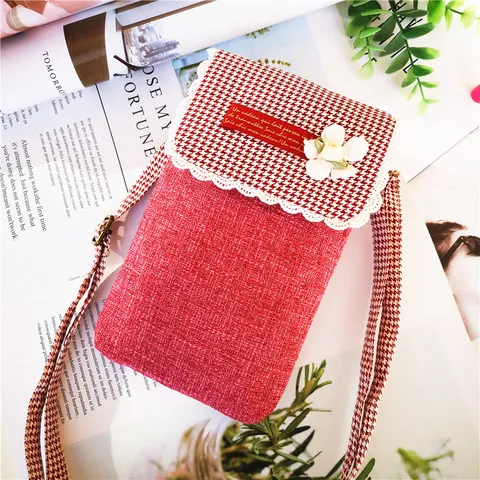 Donna Cotone Lino Borsa Tracolla Telefono Borsa Casual Piccola Borsa A Spalla Con Patta A Quadri E Tasca In Pizzo Floreale