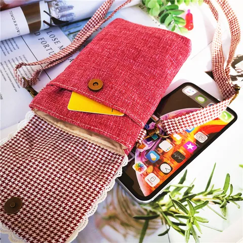 Donna Cotone Lino Borsa Tracolla Telefono Borsa Casual Piccola Borsa A Spalla Con Patta A Quadri E Tasca In Pizzo Floreale