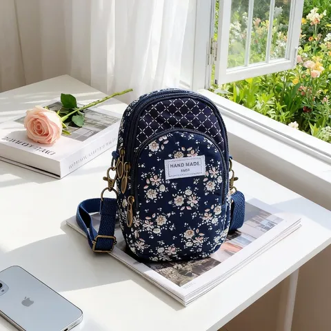Borsa a Tracolla per Telefono Multistrato con Motivo Floreale Pastorale Coreano per Donna Piccola Borsa in Tessuto Casual