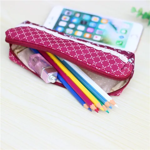 Astuccio in Tessuto a Griglia Stile Campagnolo Simpatico Borsa per Trucco con Bordo in Pizzo Custodia di Portatile Per Forniture Scolastiche e per Ufficio