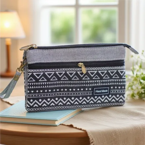 Femmes Mode Toile Pochette Sac Multi Couches Fermeture Éclair Sac Téléphone Portable Voyage Décontracté Imprimé Rayé Sac à Main