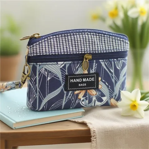 Portamonete Floreale in Cotone da Donna Doppia Cerniera Mini Borsa a Mano Custodia di Conservazione Portatile Piccolo Portafoglio
